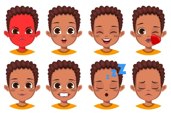 Cute African Boy Different Facial Expression Set — Stock Vector