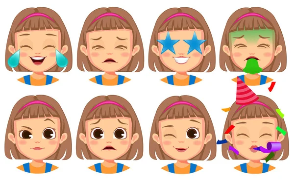 Gestos Faciais Menina Definir Vector —  Vetores de Stock