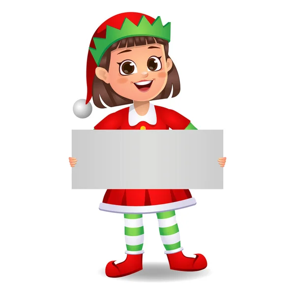Elf elbiseli kız beyaz tahtayı gösteriyor.