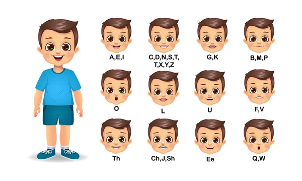 Pojke Kid Mun Animation Och Alfabetet Uttal Set — Stock vektor