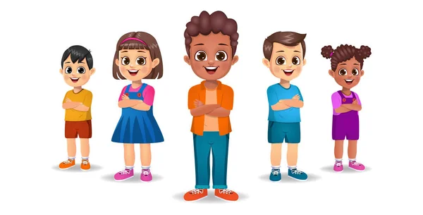 Cute Kids Standing Hands Crossed Set — Stock Vector