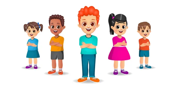 Cute Kids Standing Hands Crossed Set — Stock Vector