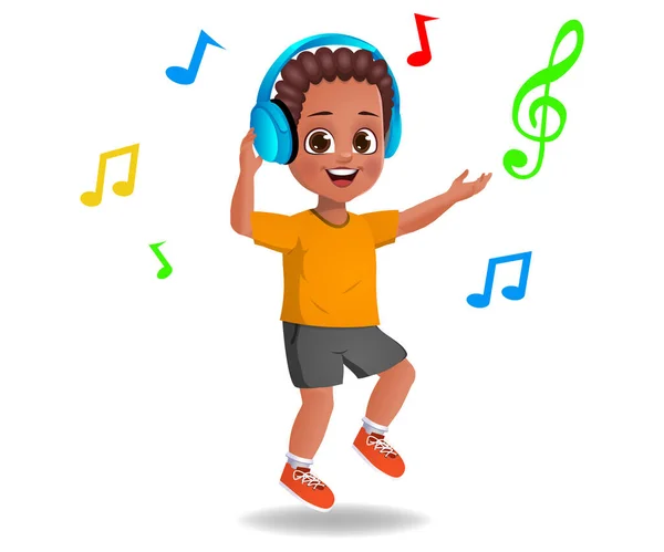 Lindo Chico Niño Escuchando Música — Vector de stock