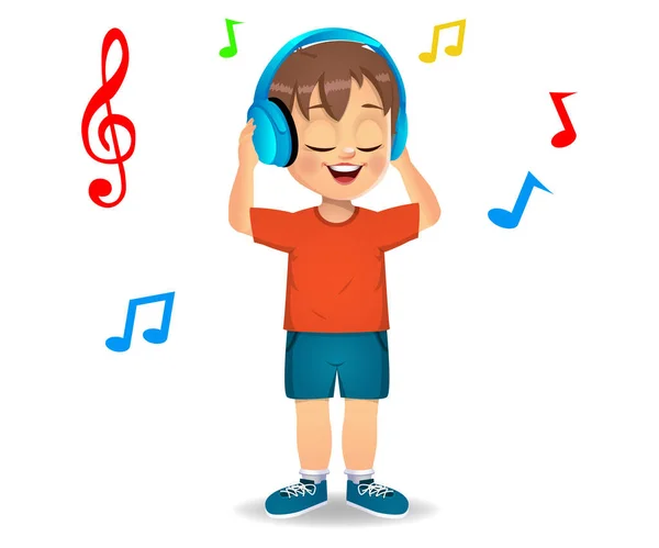 Lindo Chico Niño Escuchando Música — Vector de stock