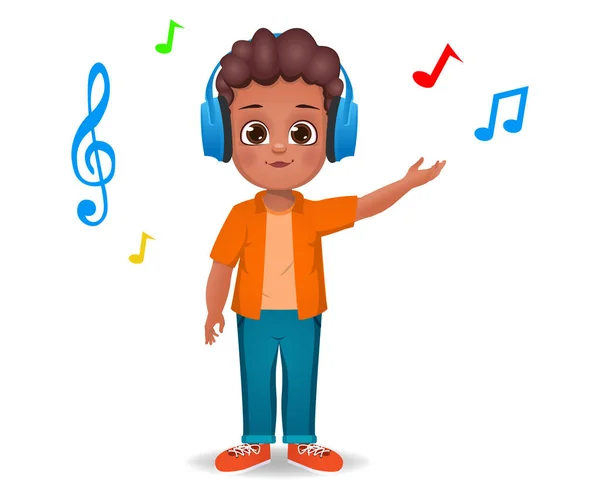 Aranyos Fiú Gyerek Zenét Hallgat — Stock Vector