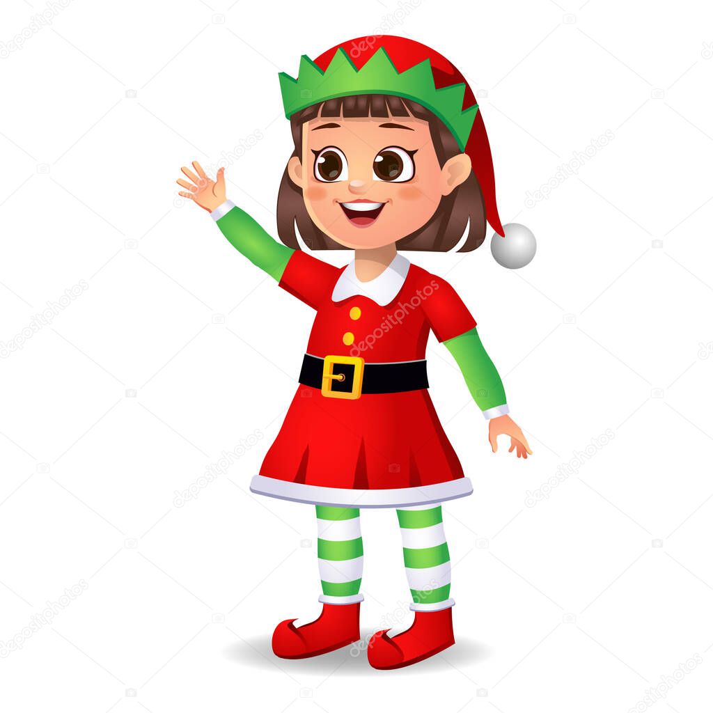 girl kid in elf dress saying hi