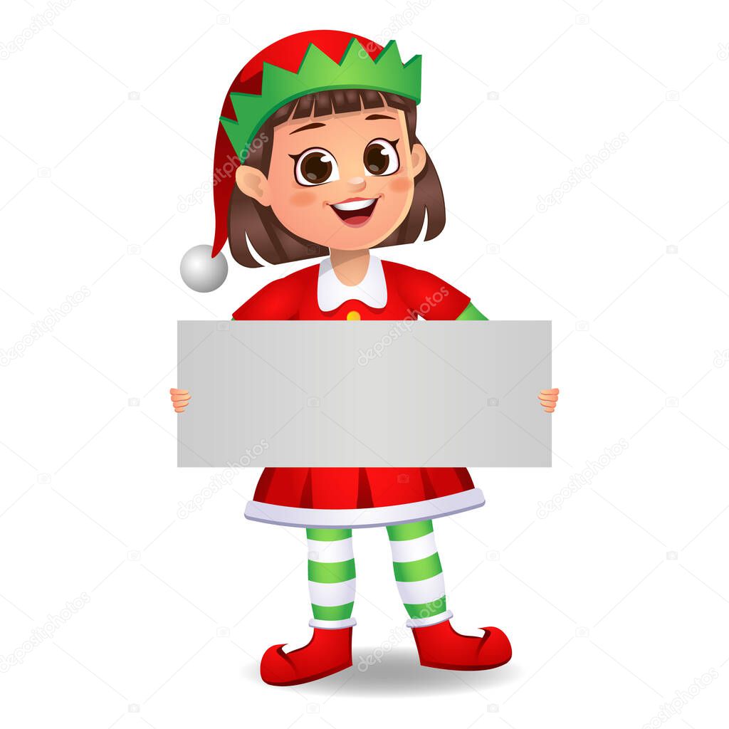 girl kid in elf dress showing white board