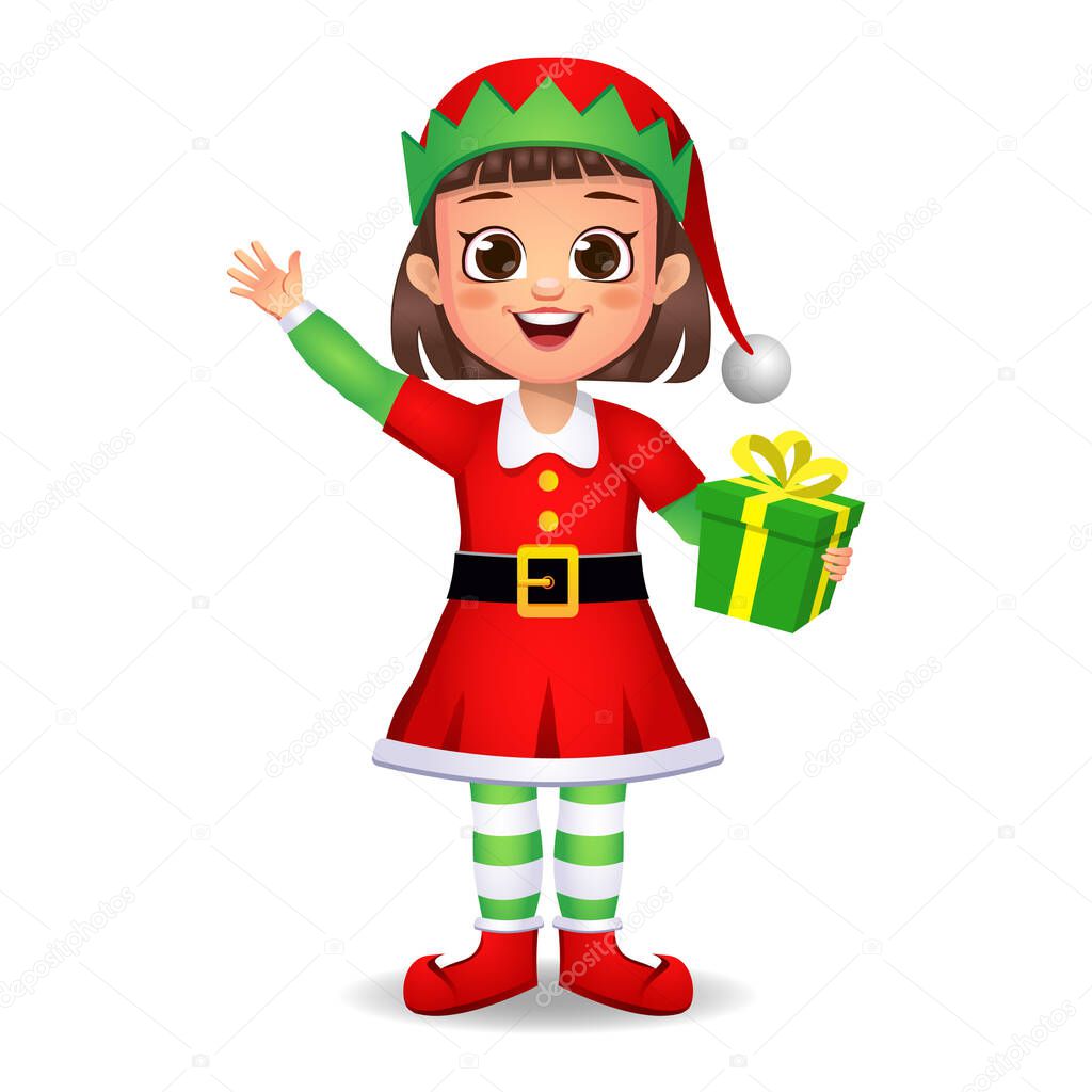 girl kid in elf dress saying hi with gift