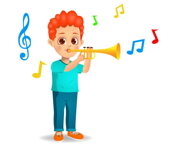 Söt Pojke Spelar Trumpet Vektor — Stock vektor