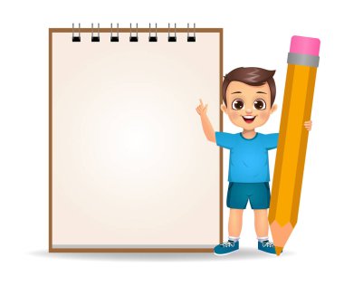 Sevimli çocuk elinde kalem vektörüyle boş sicil gösteriyor.