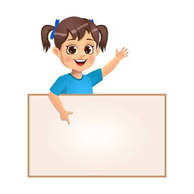 İşaret parmağını boş afişe gösteren sevimli kız