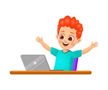 Çocuk dizüstü bilgisayar izleyerek mutlu oluyor.