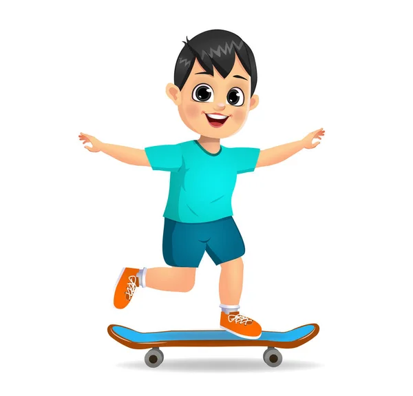 Carino Ragazzo Ragazzo Giocare Con Skateboard — Vettoriale Stock