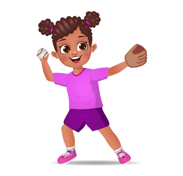 Linda Chica Niño Jugando Béisbol — Vector de stock