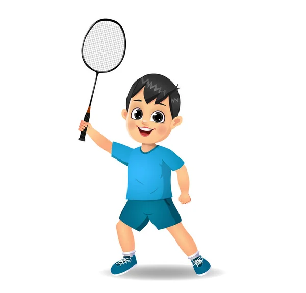 Menino Bonito Garoto Jogando Badminton —  Vetores de Stock