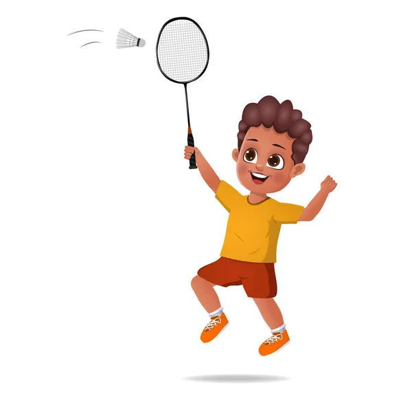 Menino Bonito Garoto Jogando Badminton —  Vetores de Stock
