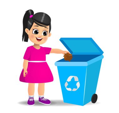 Çöp kutusuna çöp atan tatlı kız.