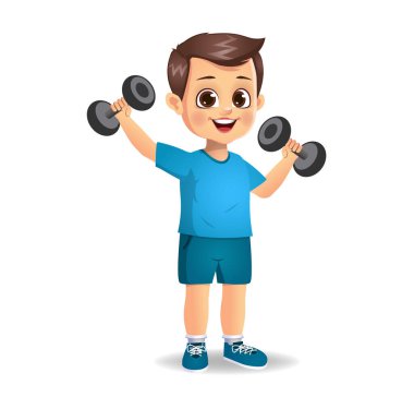 Güzel çocuk dambıllarla egzersiz yapıyor.