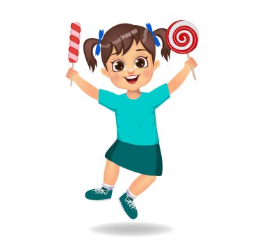 Tatlı kız şeker yiyor. beyaz arkaplanda izole