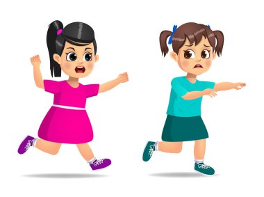 Şirin kız kızgındı ve korkmuş arkadaşını kovalıyordu. beyaz arkaplanda izole