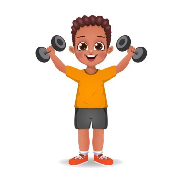 Güzel çocuk dambıllarla egzersiz yapıyor.