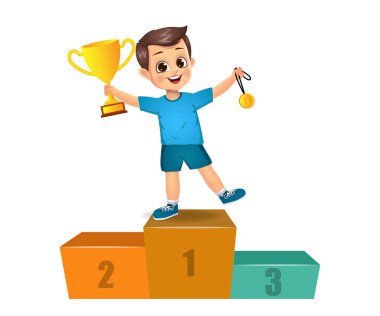 Kazanan şirin çocuk podyumda duruyor. beyaz arkaplanda izole