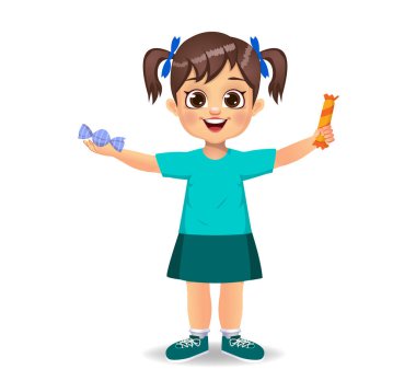 Tatlı kız şeker yiyor. beyaz arkaplanda izole