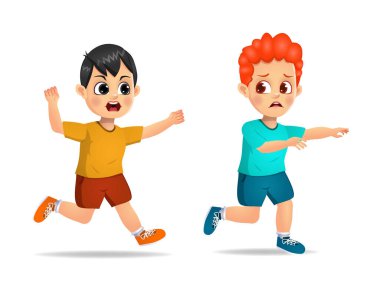 Tatlı çocuk kızgındı ve korkmuş arkadaşını kovalıyordu. beyaz arkaplanda izole