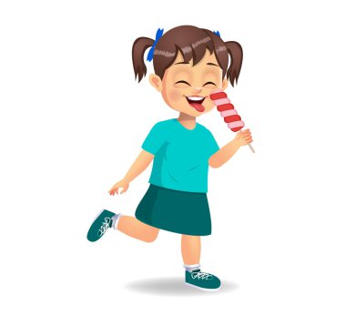 Tatlı kız şeker yiyor. beyaz arkaplanda izole