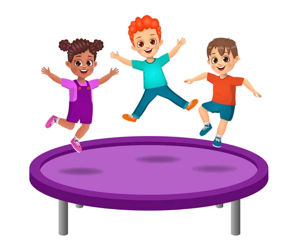 Mignons Enfants Sautent Sur Trampoline Isolé Sur Fond Blanc — Image vectorielle