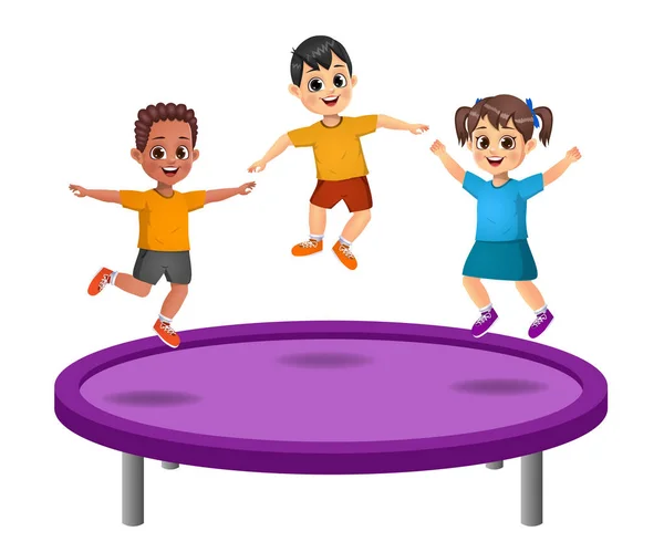 Mignons Enfants Sautent Sur Trampoline Isolé Sur Fond Blanc — Image vectorielle