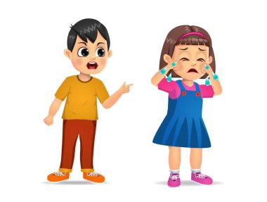 Kızgın çocuk tatlı kıza bağırıyor. Beyaz arkaplanda izole edilmiş