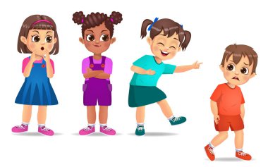 Bir grup çocuk arkadaşlarına zorbalık yapıyor. beyaz arkaplanda izole