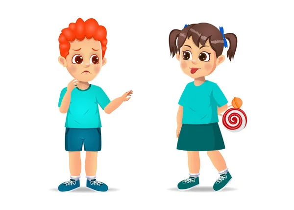 Bad Kid Shows His Grimace Face Her Friend Isolated White — Stock Vector