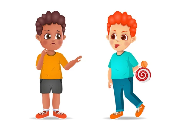 Bad Kid Shows His Grimace Face His Friend Isolated White — Stock Vector