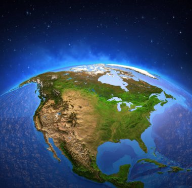 Gezegen Dünya 'nın yüzeyi bir uydudan görüntülendi ve Kuzey Amerika' ya odaklandı. ABD ve Kanada 'nın fiziksel haritası. 3D illüstrasyon - NASA tarafından desteklenen bu görüntünün elementleri.