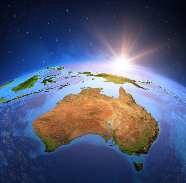 Surface of Planet Earth viewed from a satellite, focused on Australia, sun rising on the horizon. Physical map of the Australian continent. 3D illustration - Elements of this image furnished by NASA.
