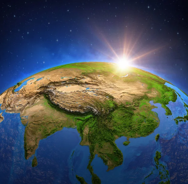 Поверхня Планети Земля Яку Видно Супутника Сфокусованого Східній Азії Сонце — стокове фото
