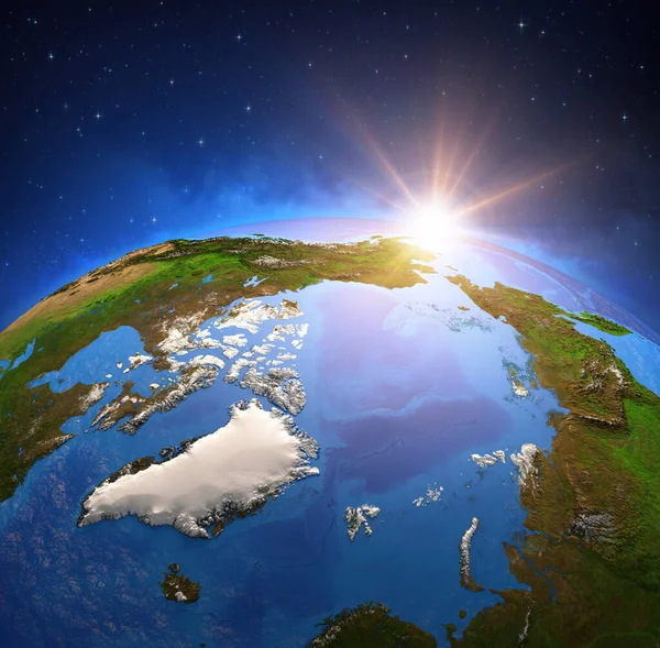 惑星地球の表面は 地平線上に昇る太陽である北極と北極海に焦点を当てた衛星から見た グリーンランドの氷の融解と地球温暖化 3Dイラスト Nasaが提供するこの画像の要素 — ストック写真