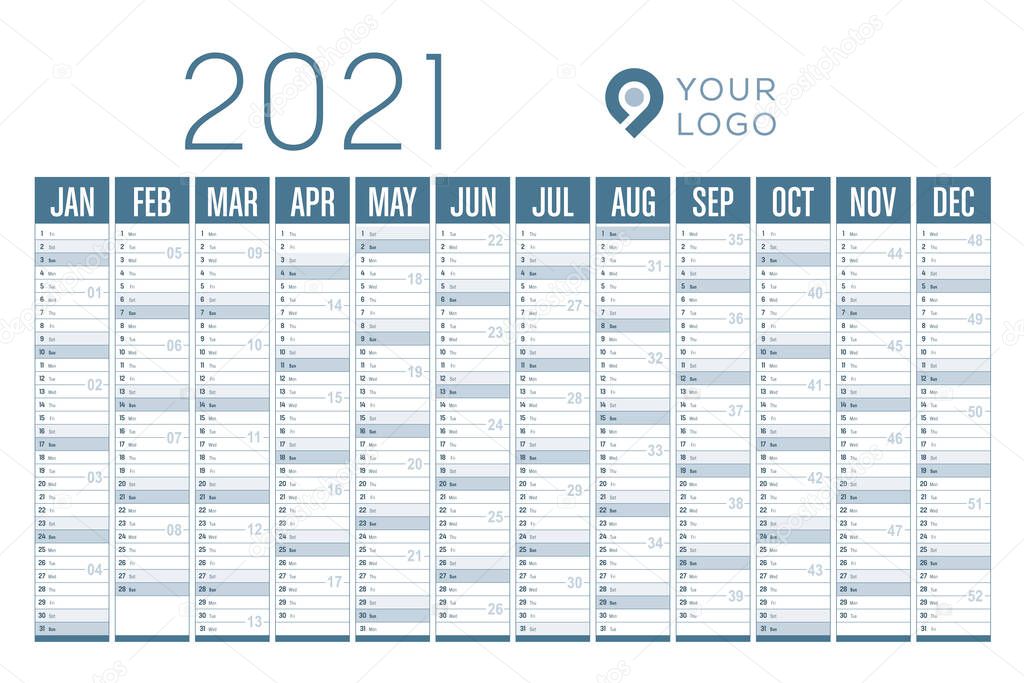 Year 2021 wall calendar on white background. Vector template