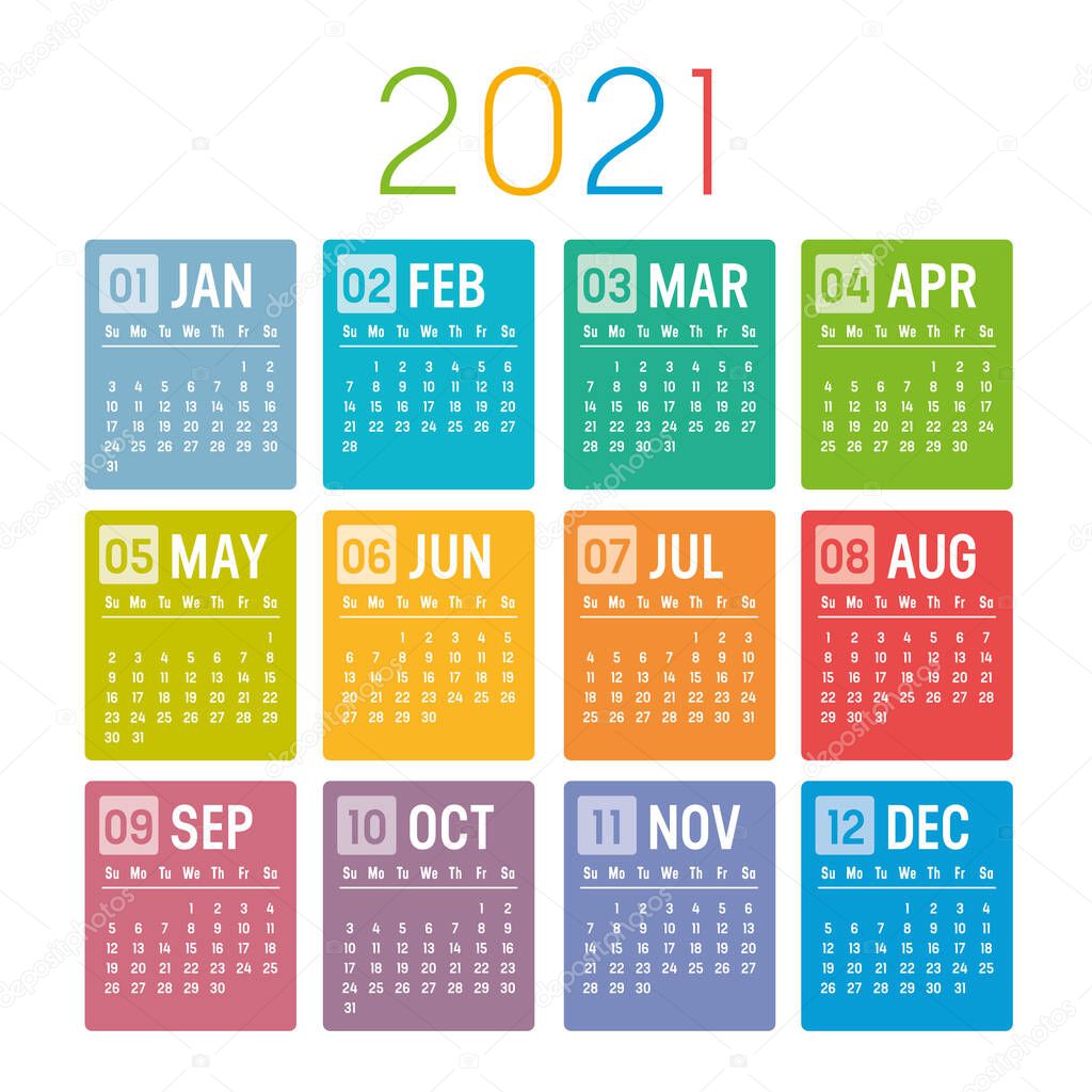 Colorful year 2021 calendar isolated on white background. Week starts Sunday. Vector template.