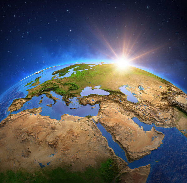 Surface of the Planet Earth viewed from a satellite, focused on Europe and Middle East, sun rising on the horizon. Physical map of the World. 3D illustration - Elements of this image furnished by NASA