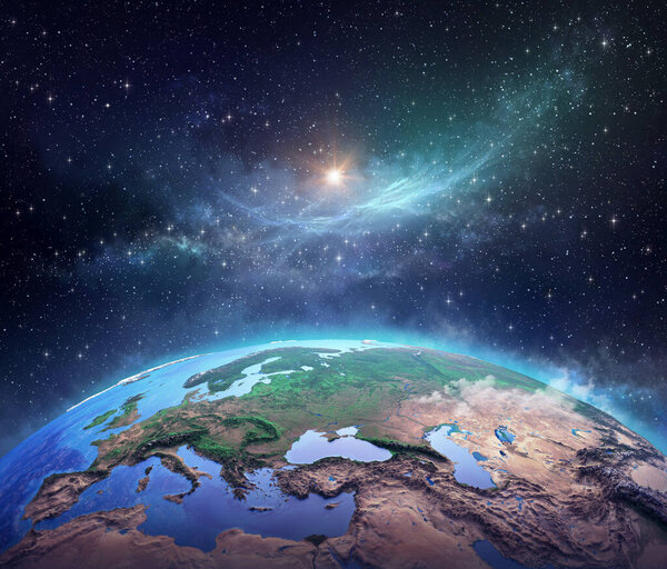 Surface of Planet Earth, space view of the World focused on Europe, galaxies, star cluster, nebula and the Sun shining far behind. 3D illustration - Elements of this image furnished by NASA