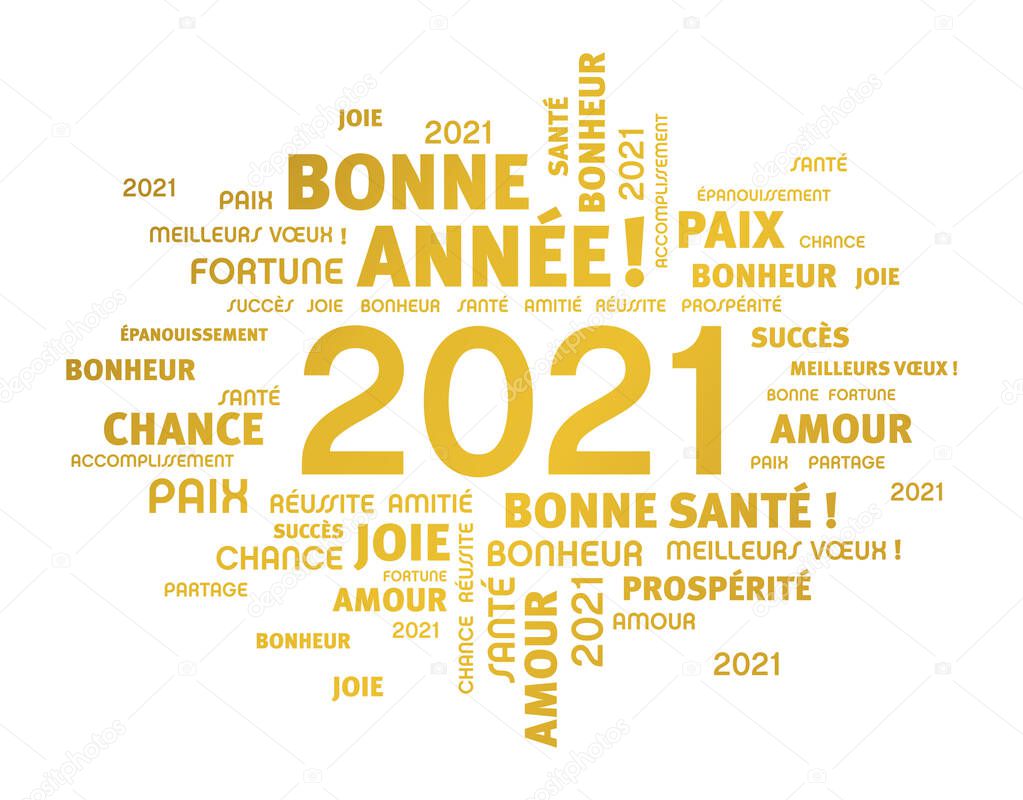 Greeting words around New Year date 2021, colored in gold, in French language, isolated on white. Word cloud wishes.