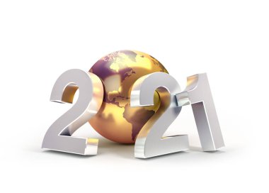 2021 Yeni Yıl tarihi, Amerika 'ya odaklanmış, beyaz üzerine izole edilmiş, 3 boyutlu bir dünya ile bestelenmiş.