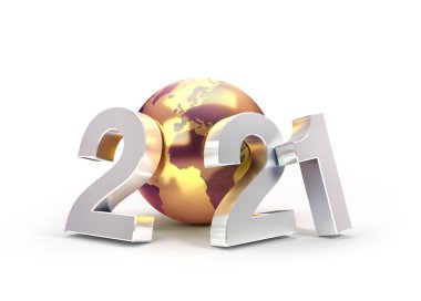 2021 Yeni Yıl tarihi, Avrupa ve Afrika 'ya odaklanmış, beyaz üzerine izole edilmiş, 3D resimli altın bir gezegenle bestelenmiş.
