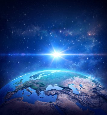 Dünya Gezegeni 'nin yüzeyi, Dünya' nın uzay görüşü Avrupa 'ya odaklandı. Derin uzayda parlayan bir kuyruklu yıldızın mavi ışığı. 3D illüstrasyon - NASA tarafından desteklenen bu görüntünün elementleri