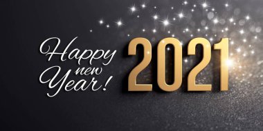 Yeni yılınız kutlu olsun ve 2021 tarihli altın renkli, parıltılı ve yıldızlı bir siyah kart - 3D illüstrasyon