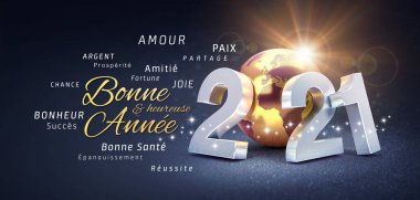 2021 yılbaşı tarihi, altın renkli bir gezegen olan yeryüzü, Fransız dilinde selamlar ve en iyi dileklerle dolu, şenlikli, siyah bir arkaplanda - 3D illüstrasyon