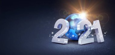 2021 tarihli gümüş tarih mavi bir gezegenle bestelenmiş, siyah bir arkaplanda parıldıyor - tebrik kartı için 3D illüstrasyon